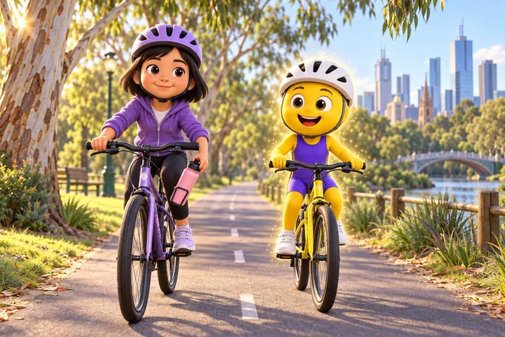 Storyboard: two friends riding the bike path toward the city
