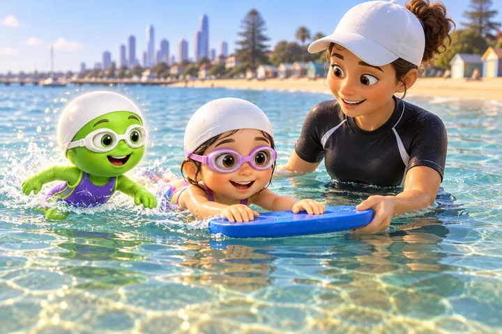 Storyboard: Splash helping a child swim with a coach