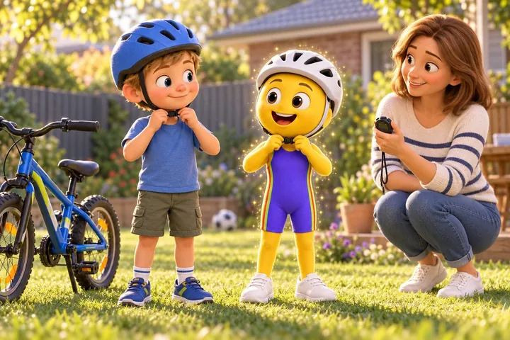 Storyboard: mum cheering on a boy putting on his helmet