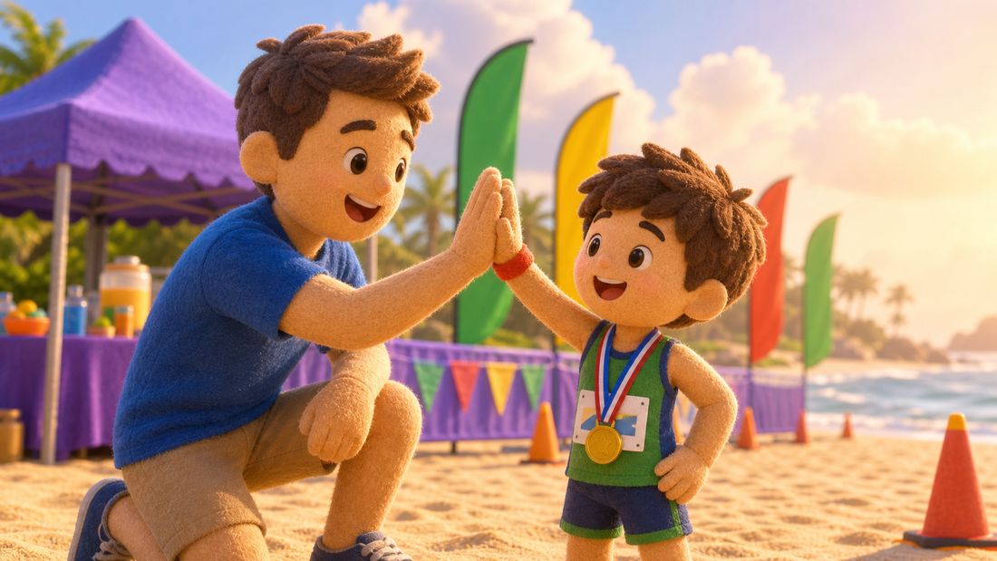A parent and TriKid high-five at the finish