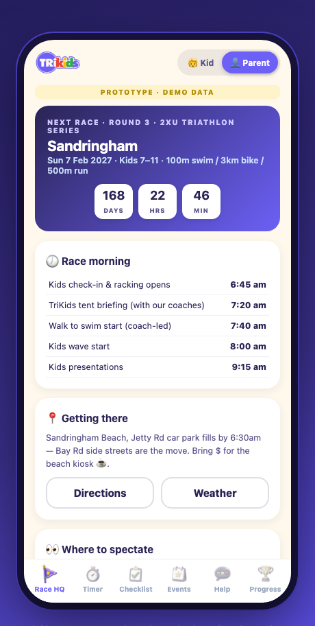 Race HQ with countdown and schedule