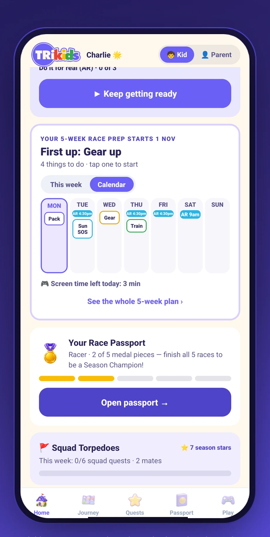 The 5-week race prep plan as a weekly calendar