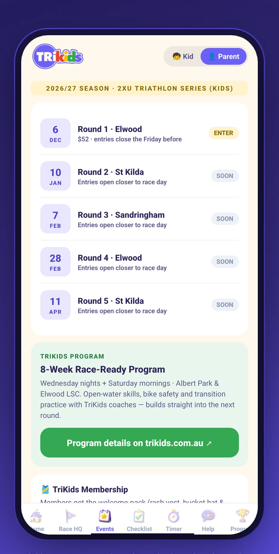 Season events and entries for all five rounds