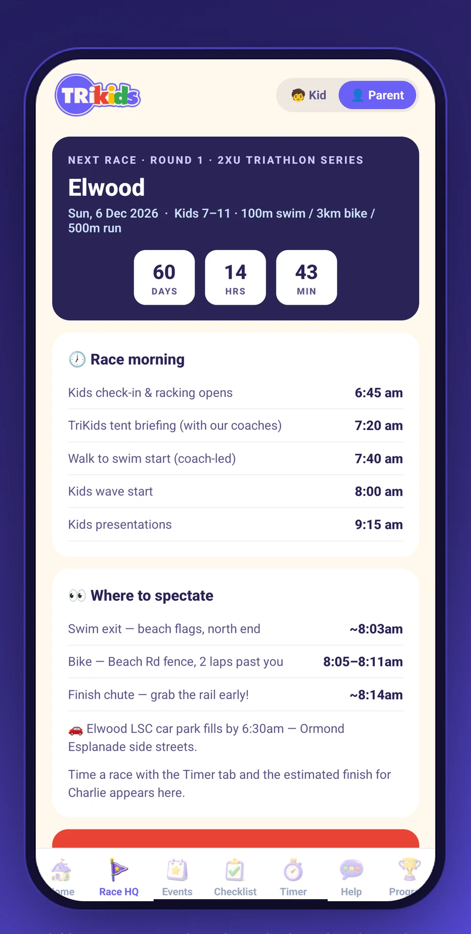 Race HQ with countdown and race morning schedule
