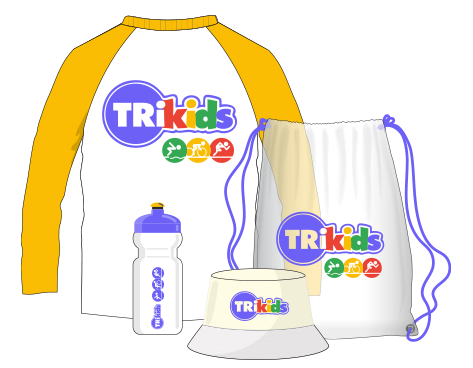 The TriKids welcome pack — club tee, drink bottle, bucket hat and drawstring bag